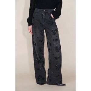 Fabrique Star Hand Beaded Rose Embellishment Straight Leg Jeans Cotton Denim